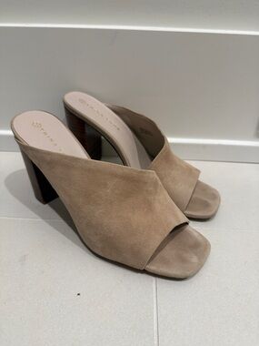 Trina Turk Taupe Suede Open-Toe Block Heel Mule